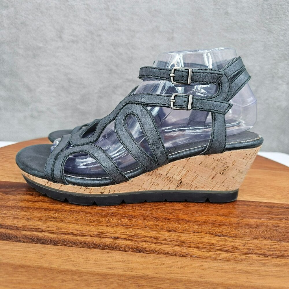 Bussola Saint Tropez Wedges Sandals 40 9.5 Black Graphite Leather Cork Strappy - Picture 9 of 16